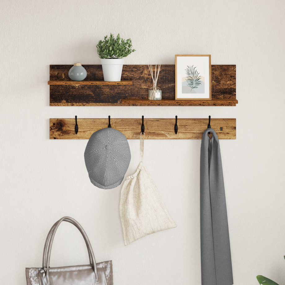 vidaXL Wandgemonteerde kapstok Oud hout 90 x 15 x 36 cm Bewerkt hout afbeelding 1