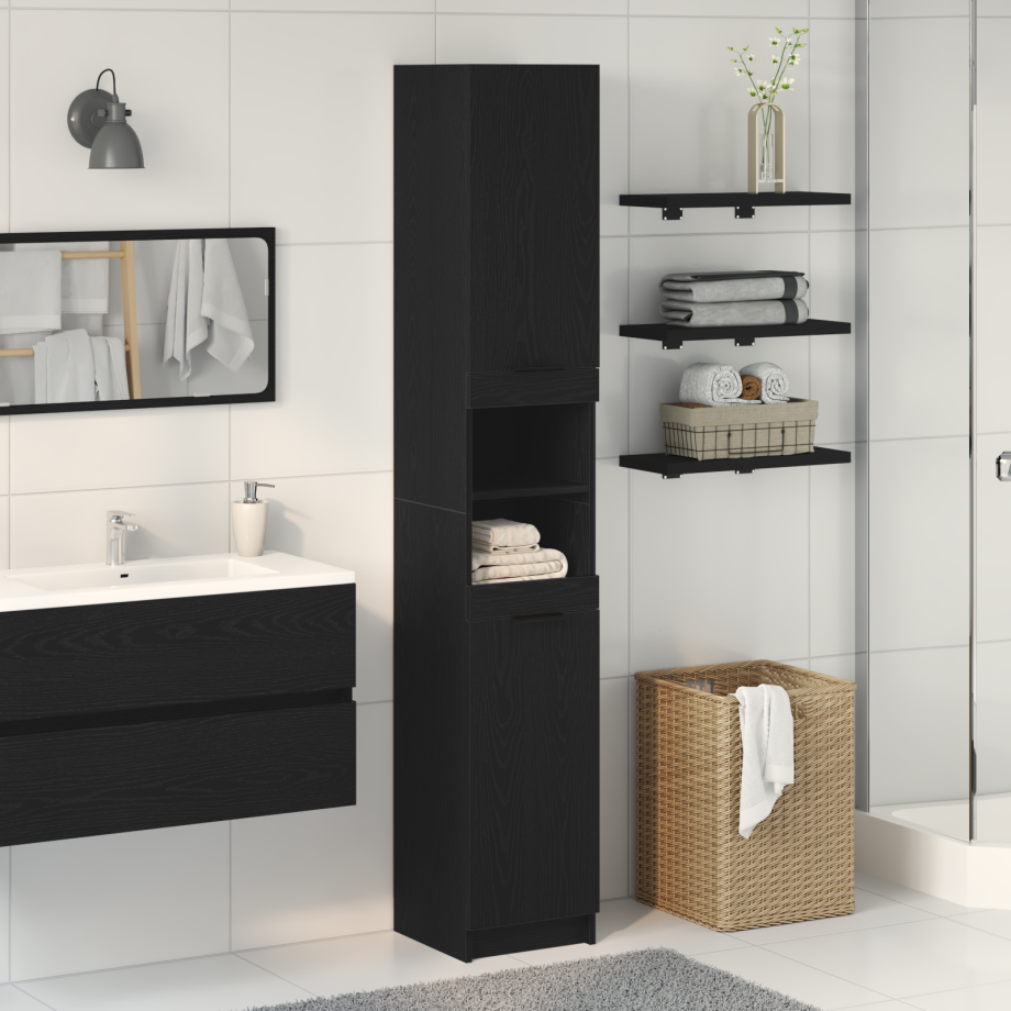 vidaXL Zwarte Eiken Badkamerkast - 32x34x188,5 cm afbeelding 1