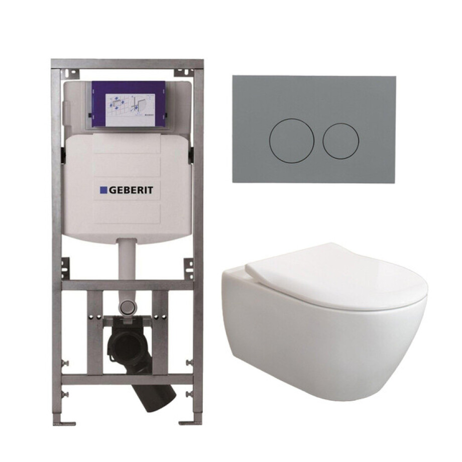Villeroy & Boch Subway 2.0 DirectFlush CeramicPlus toiletset slimseat zitting met Geberit reservoir en bedieningsplaat licht grijs met ronde knoppen wit 0701131/SW1102374/ga26033/ga91964/ afbeelding 1