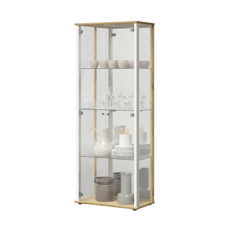 Vitrinekast Bora 3 Deurs 170 cm hoog met spiegel in artisan eiken met wit Vitrinekast Bora 3 Deurs 170 cm hoog met spiegel in artisan eiken met wit afbeelding 1