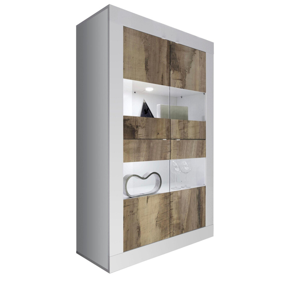 Vitrinekast Basic 162 cm hoog wit met eiken Vitrinekast Basic 162 cm hoog wit met eiken afbeelding 1