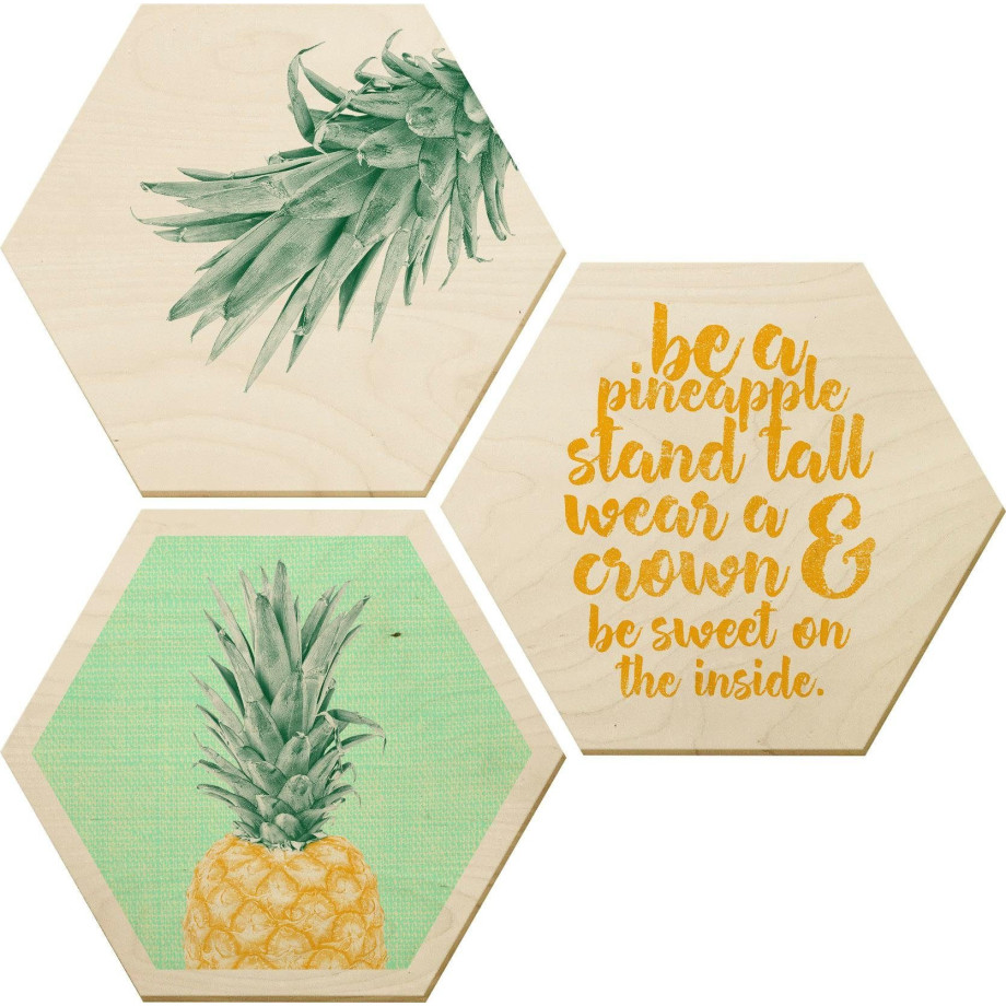 Wall-Art Artprint op hout Ananas (set) afbeelding 1