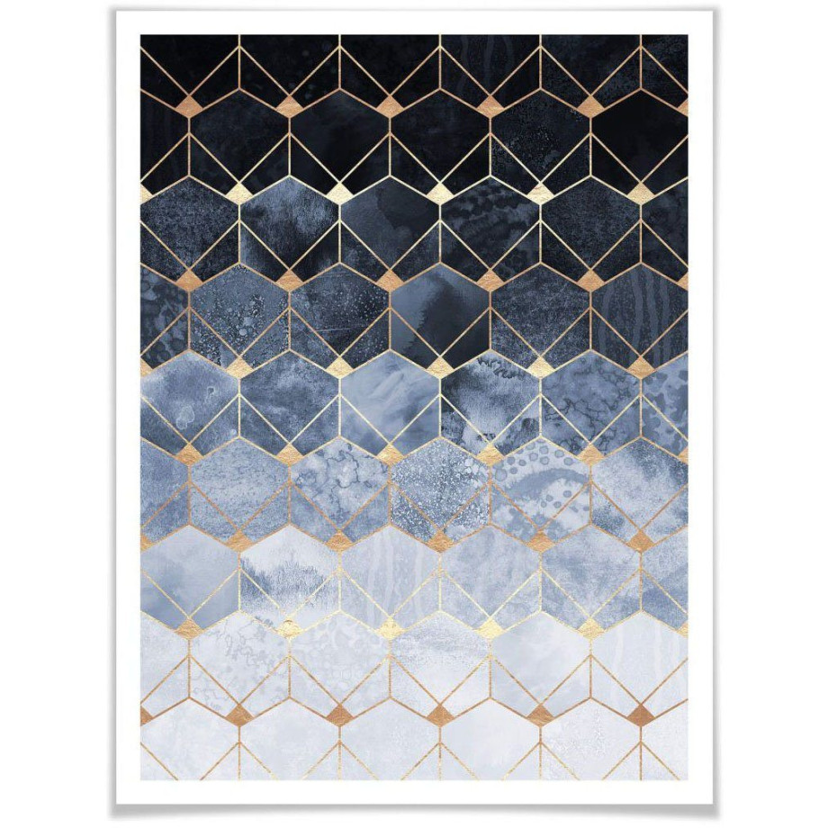 Wall-Art Poster Hexagon blauw goud Poster zonder lijst (1 stuk) afbeelding 1