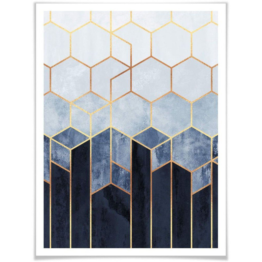 Wall-Art Poster Hexagon blauw wit Poster zonder lijst (1 stuk) afbeelding 1