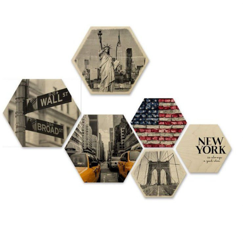 Wall-Art Meerdelige artprint New York collage stad houten decoratie (set, 6-delig) afbeelding 1