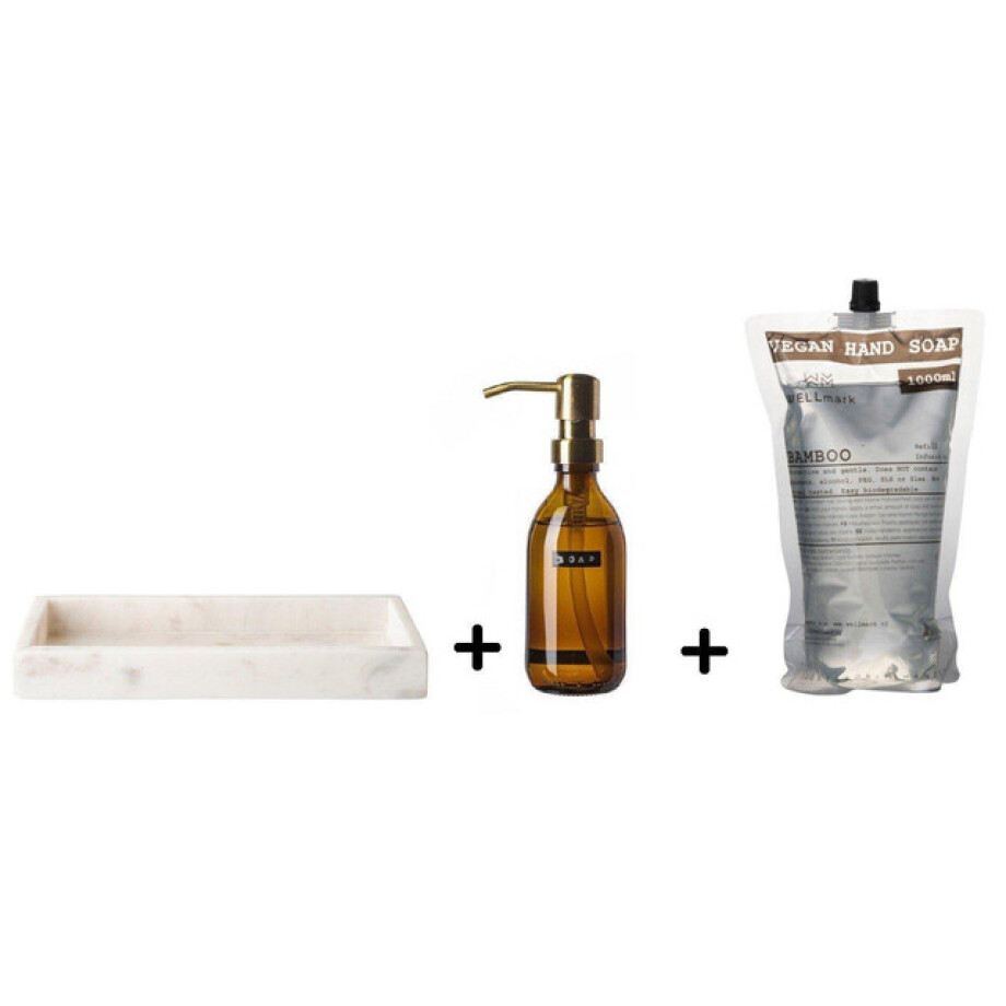 Wellmark Marble giftset - tray 30x12x3.5cm - Marmer Wit - Handzeep 250ml - navulling 1 liter bamboo SW547750 / SW454599 / SW454652 Wellmark Marble giftset - tray 30x12x3.5cm - Marmer Wit - Handzeep 250ml - navulling 1 liter bamboo SW547750 / SW454599 / SW454652 afbeelding 1
