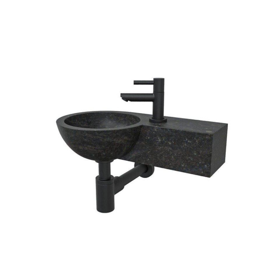 Wiesbaden B waskom rond 40x23x10cm met kraangat rechts hardsteen zwart incl Amador fonteinkraan zwart mat SW106364 - 22.2701 - SW21108 - SW696215 - SW696205 afbeelding 1
