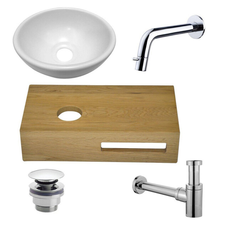 Wiesbaden Oak houten fonteinset compleet met inbouwkraan, waskom links, houten blad, sifon en afvoerplug chroom sw1175/sw296051/sw417832/sw440853/sw450729/ afbeelding 1