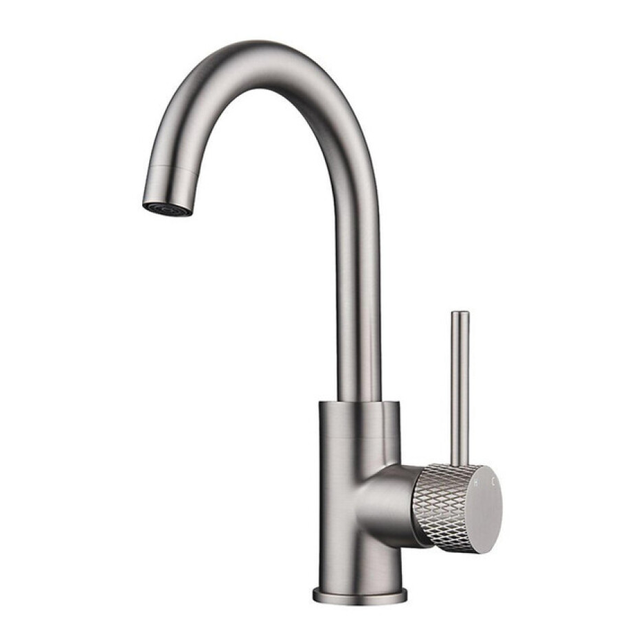 Wiesbaden Ribbd wastafelkraan met draaibare uitloop en coldstart geborsteld staal PVD 29.5321 Wiesbaden Ribbd wastafelkraan met draaibare uitloop en coldstart geborsteld staal PVD 29.5321 afbeelding 1