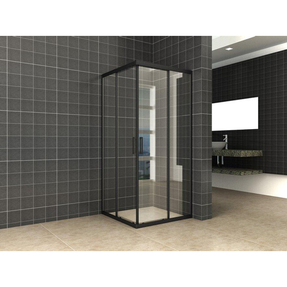 Wiesbaden Skyline hoekinstap cabine met 2 schuifdeuren 800 x 800 x 2000 x 8 mm nano helder glas/mat zwart 20.3715 Wiesbaden Skyline hoekinstap cabine met 2 schuifdeuren 800 x 800 x 2000 x 8 mm nano helder glas/mat zwart 20.3715 afbeelding 1