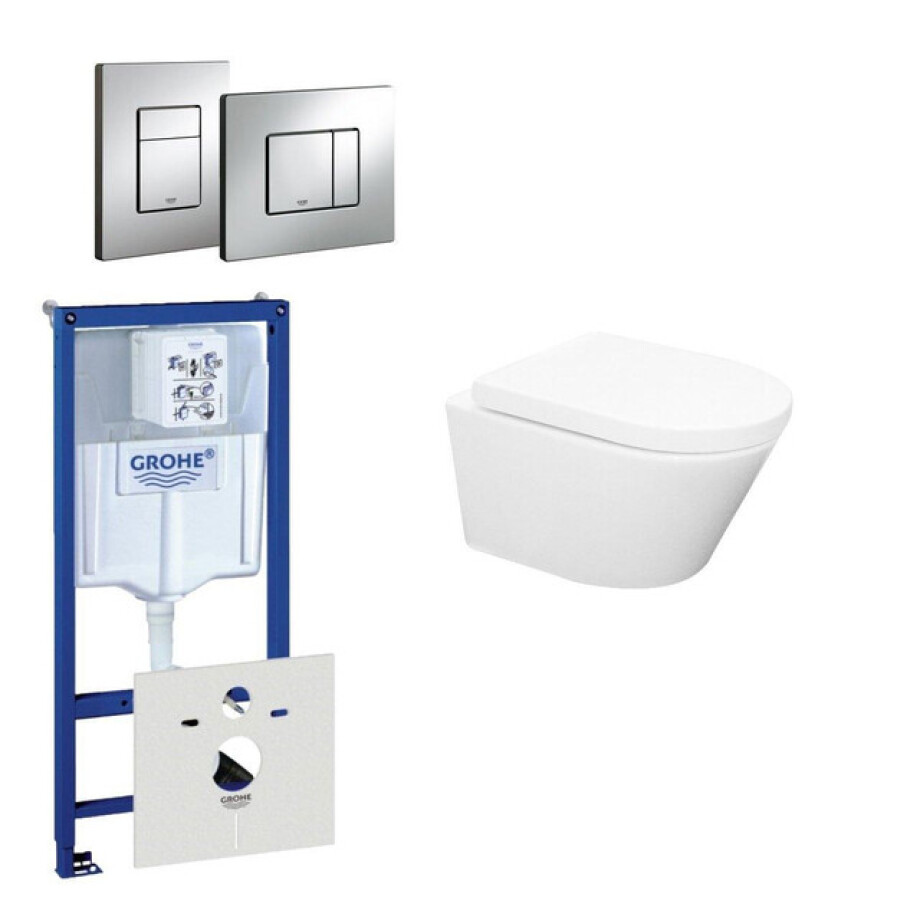 Wiesbaden Vesta Spoelrandloos toiletset bestaande uit inbouwreservoir, toiletpot met softclose toiletzitting en bedieningsplaat chroom 0720001/0729205/sw65812/ afbeelding 1
