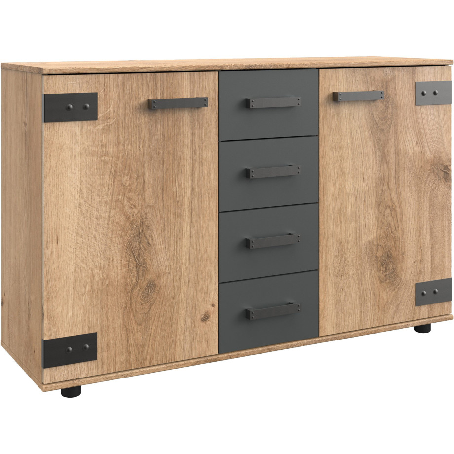 Wimex Kast met laden en deuren Stockholm sideboard kast Industrieel look, 2-deurs met 4 lades, 130x41x83 cm afbeelding 1