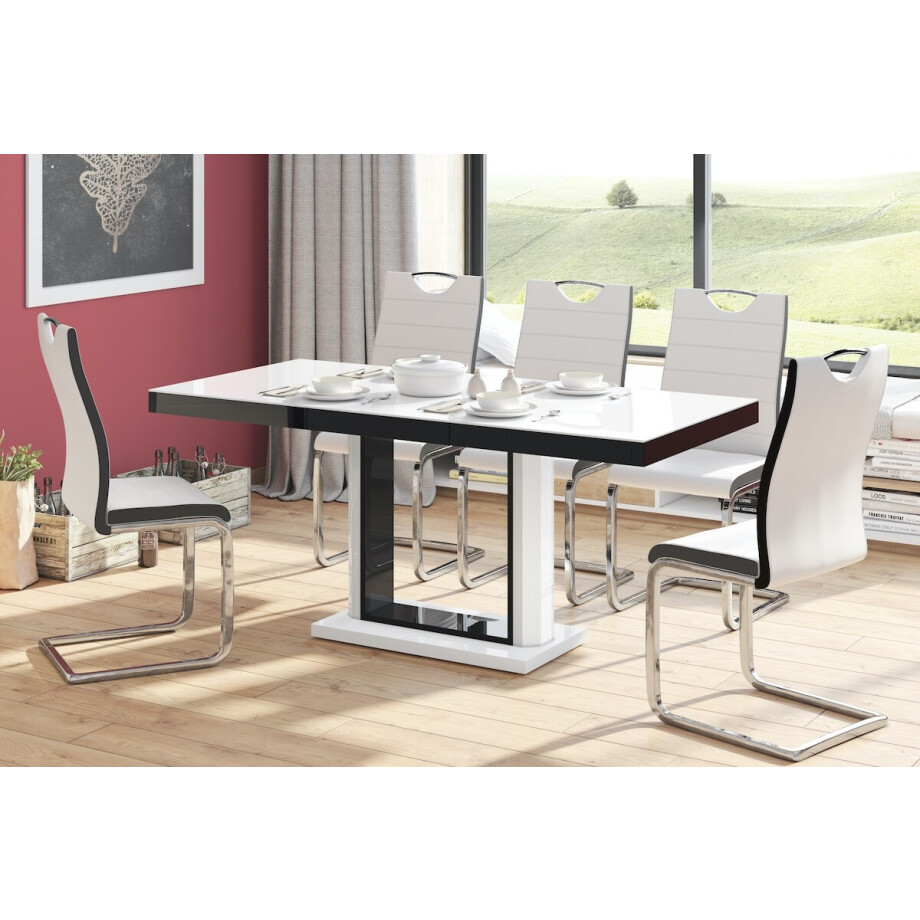 Uitschuifbare eettafel Quadro 120 tot 168 cm breed in hoogglans wit met zwart afbeelding 1