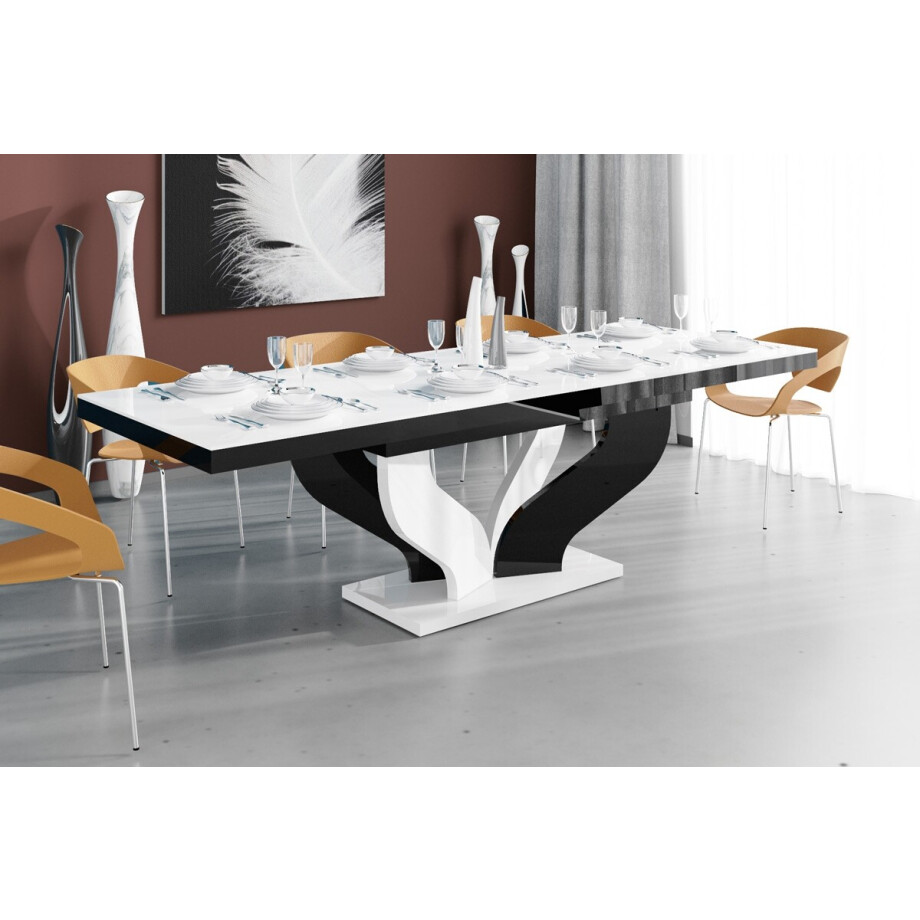 Uitschuifbare eettafel Viva 160 tot 256 cm breed in hoogglans wit met zwart afbeelding 1