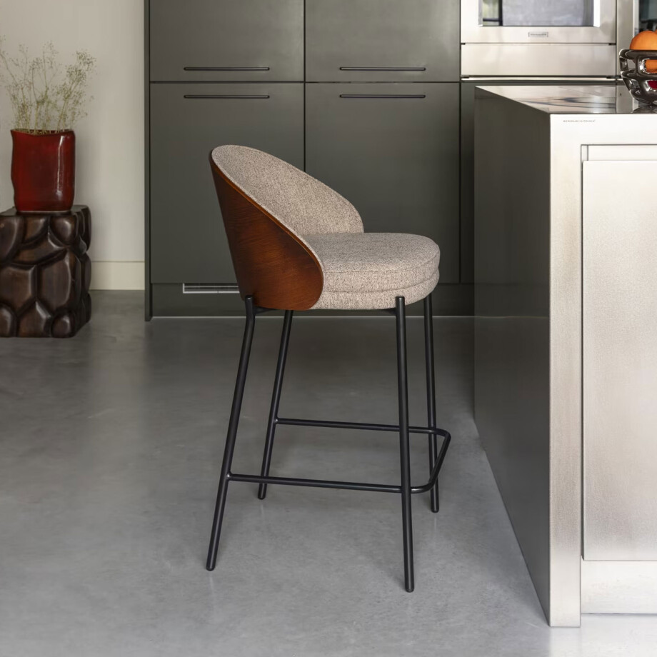 Dutchbone Barkruk 'Rodin' Essenhout en stof, kleur Beige (zithoogte 65cm) afbeelding 1
