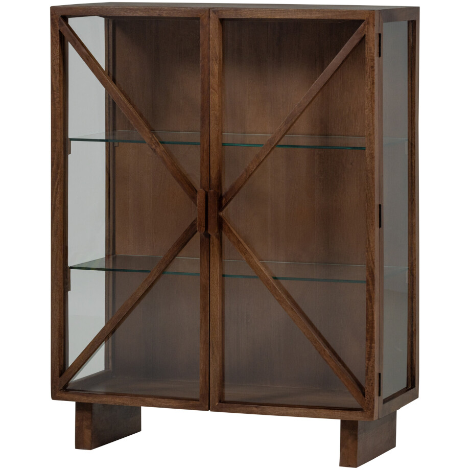 WOOOD Vitrinekast 'Kella' Mangohout en glas, 132 x 100cm, kleur Bruin afbeelding 1
