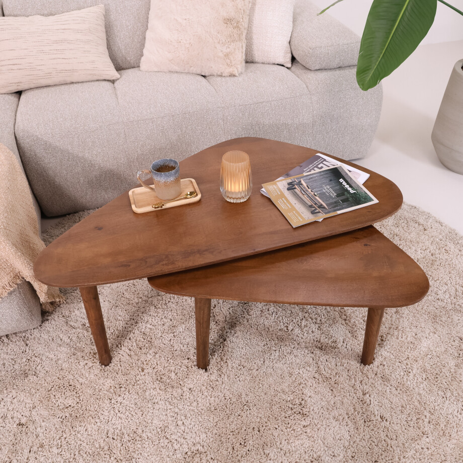 Livingfurn Organische Salontafel 'Xavier' Mangohout, Set van 2 stuks afbeelding 