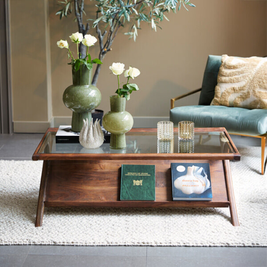 Light & Living Salontafel 'Yuki' Acaciahout en glas, 112 x 70cm afbeelding 