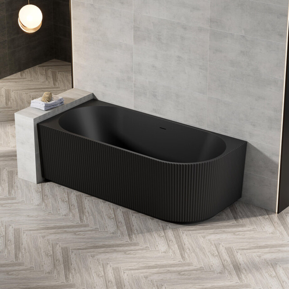 Zeza Nuo Half Vrijstaand Bad - 170x80x58cm - links - ribbel - met afvoer - mat zwart 7103L_MB afbeelding 1