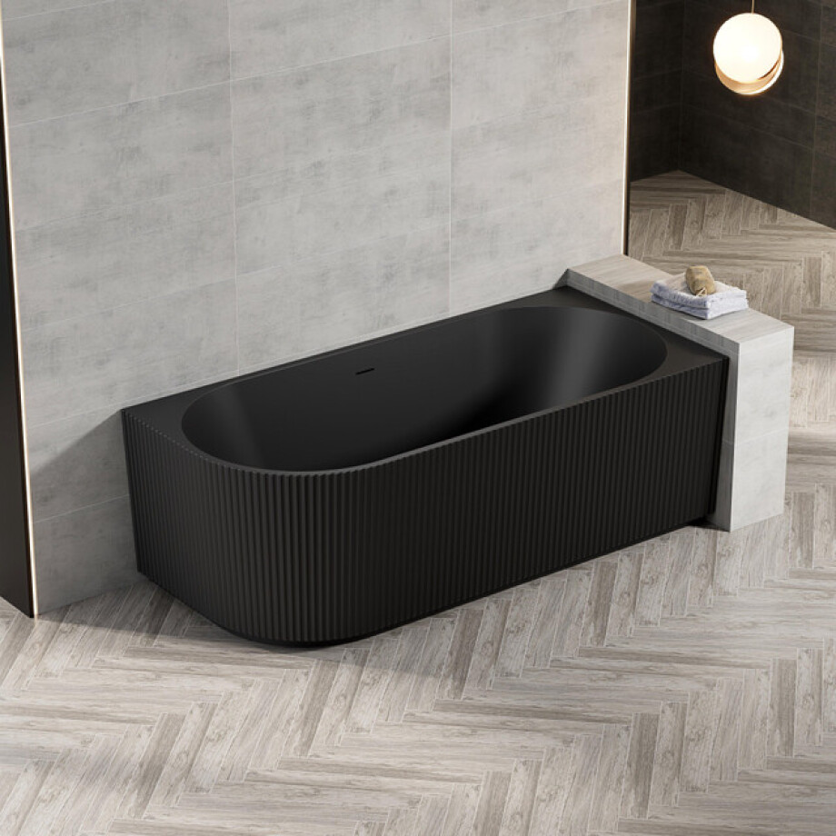 Zeza Nuo Half Vrijstaand Bad - 170x80x58cm - rechts - ribbel - met afvoer - mat zwart 7103R_MB afbeelding 1