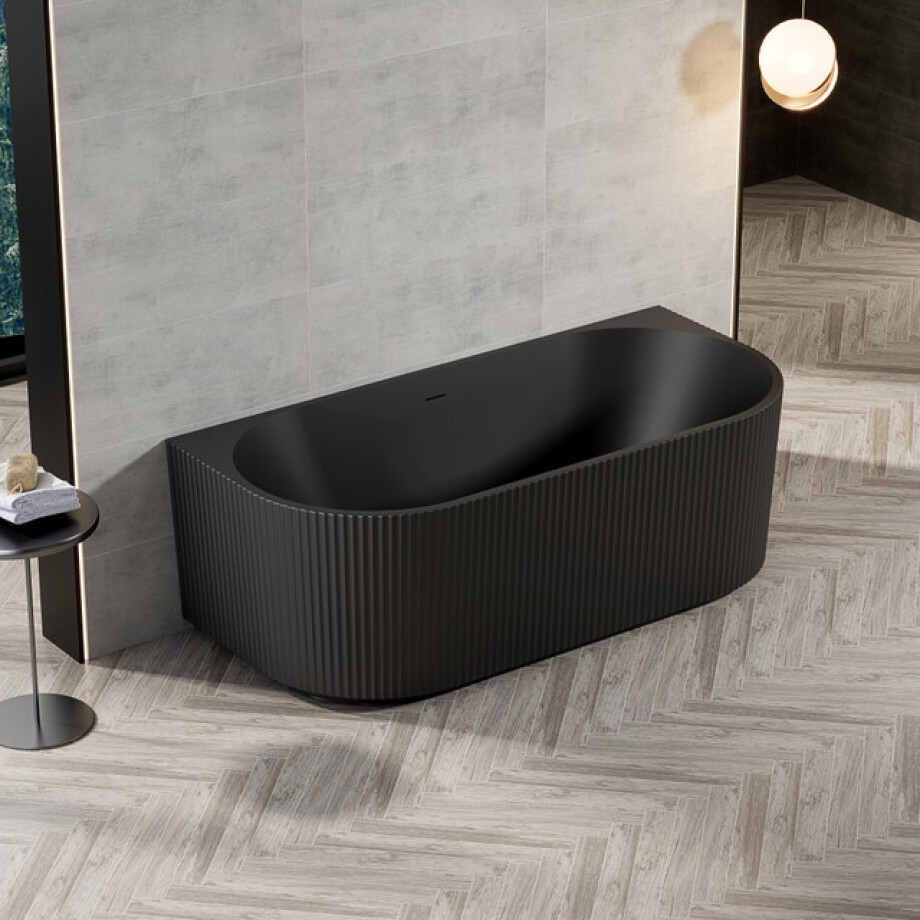 Zeza Nuo Half Vrijstaand Bad - 170x80x58cm - ribbel - met afvoer - mat zwart 6119_MB afbeelding 1