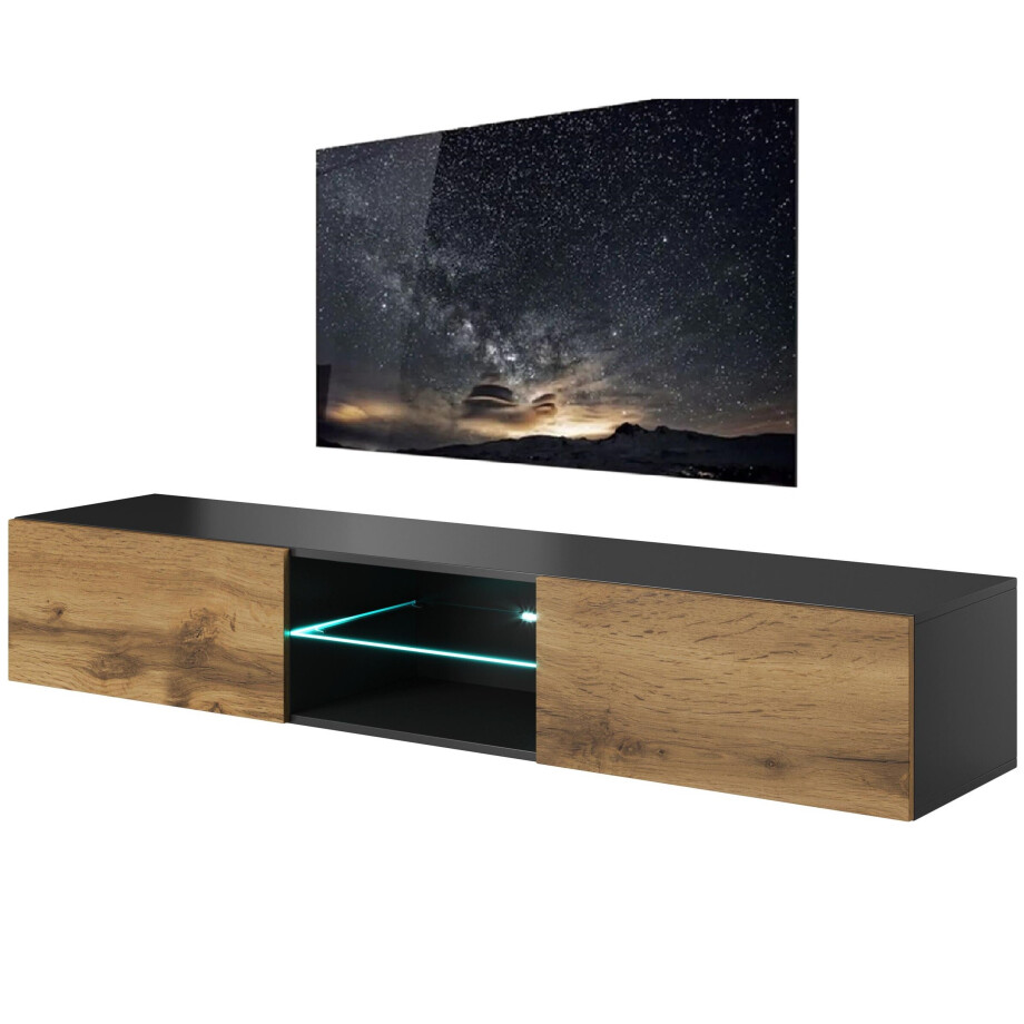 Zwevend Tv-meubel Livo 180 cm breed in votan eiken met antraciet afbeelding 1