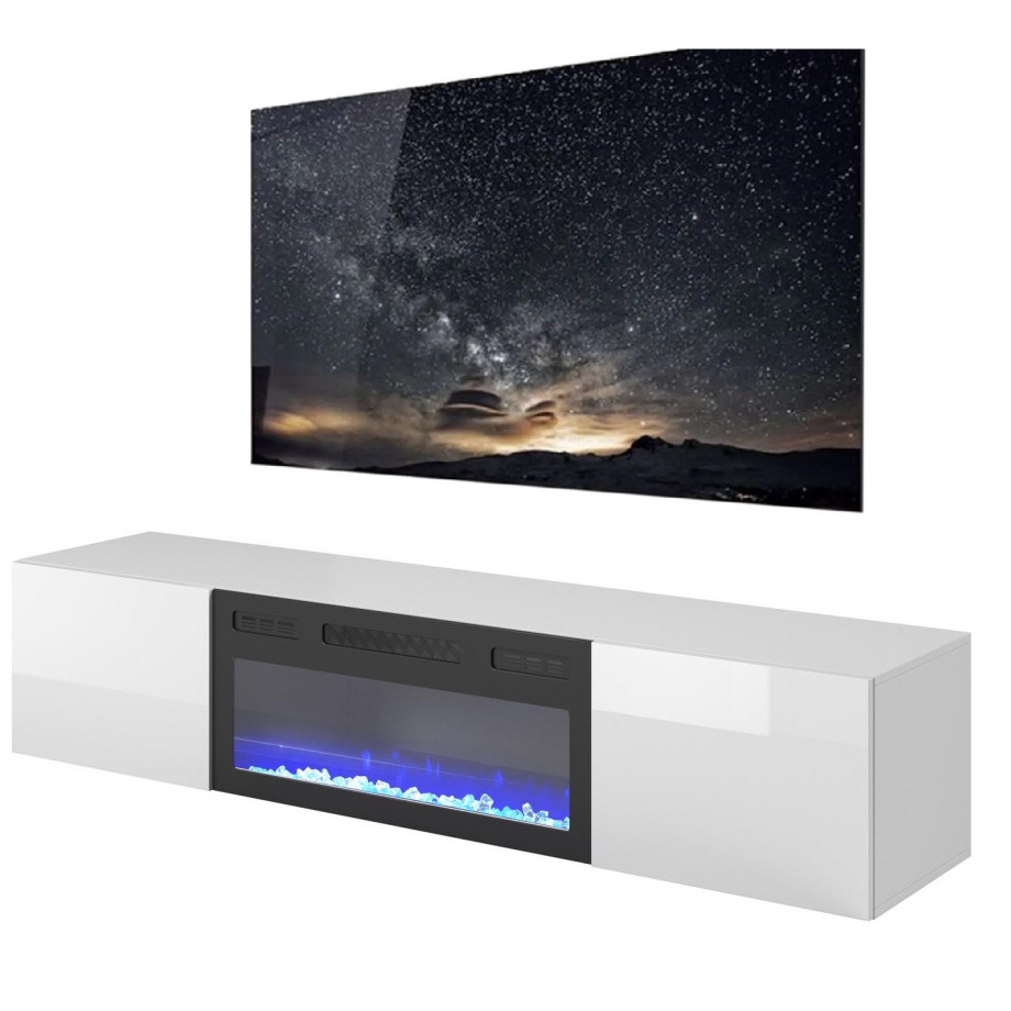 Zwevend Tv-meubel Livo 180 cm breed wit met sfeerhaard afbeelding 1