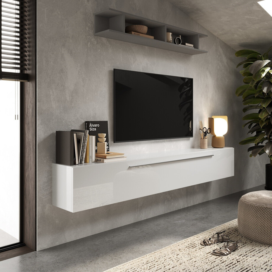 Zwevend Tv-meubel Mexy 210 cm breed hoogglans wit Zwevend Tv-meubel Mexy 210 cm breed hoogglans wit afbeelding 1