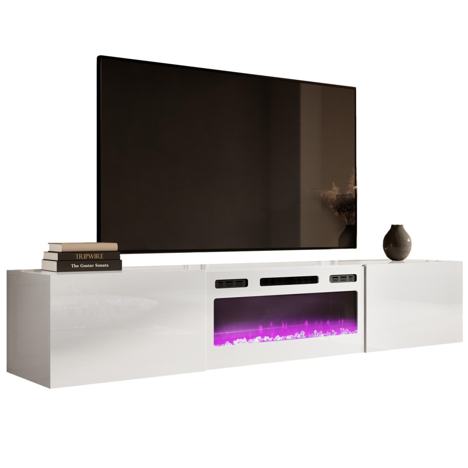 Zwevend Tv-meubel Slide 200 cm breed hoogglans wit met wit sfeerhaard afbeelding 1