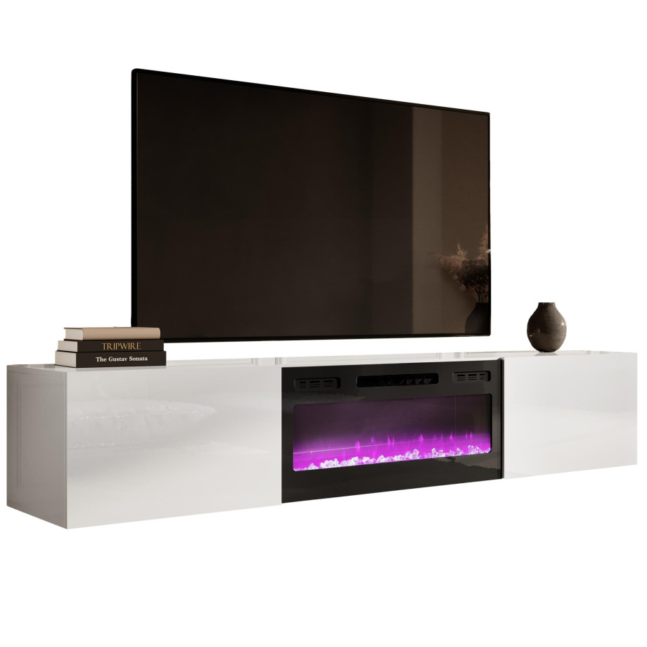 Zwevend Tv-meubel Slide 200 cm breed hoogglans wit met zwart sfeerhaard afbeelding 1