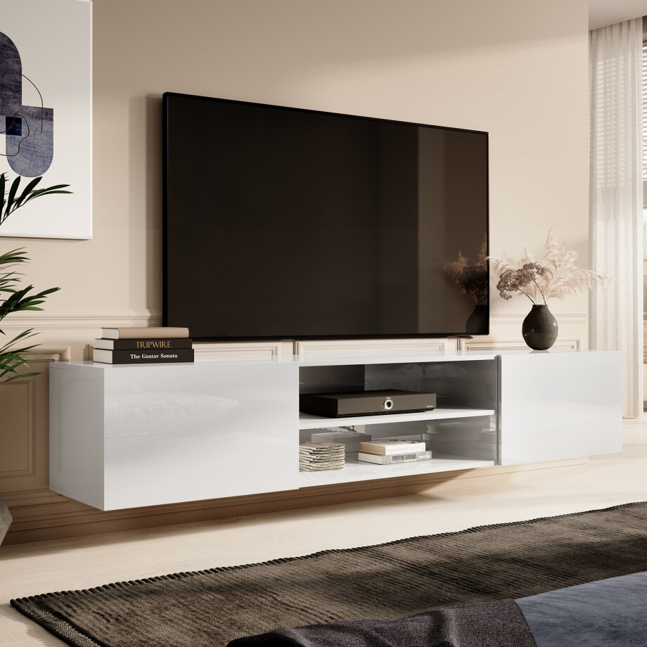 Zwevend Tv-meubel Slide 200 cm breed hoogglans wit Zwevend Tv-meubel Slide 200 cm breed hoogglans wit afbeelding 1