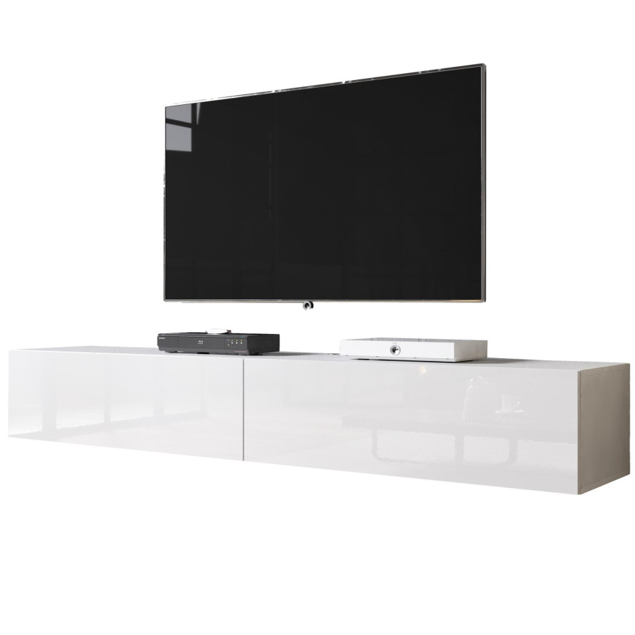 Zwevend Tv-meubel Slide 2D 200 cm breed hoogglans wit afbeelding 1
