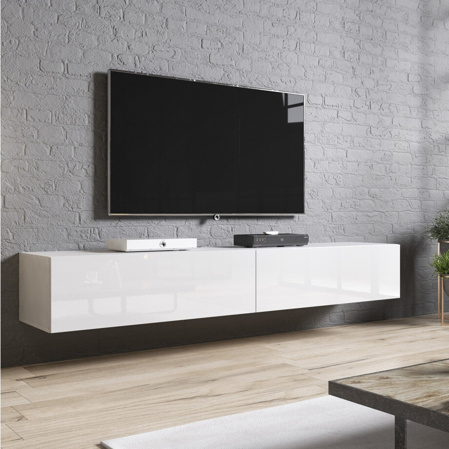 Zwevend Tv-meubel Slide 2D 200 cm breed hoogglans wit afbeelding 1