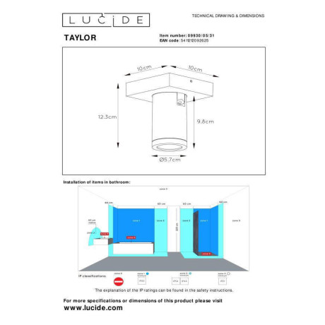 Lucide TAYLOR - Plafondspot Badkamer - LED Dim to warm - GU10 - 1x5W 2200K/3000K - IP44 - Wit afbeelding2 - 1