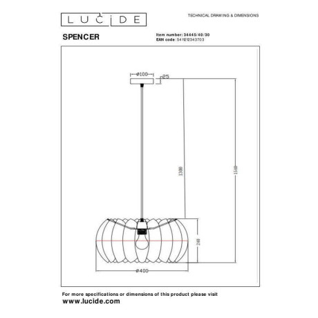 Lucide SPENCER - Hanglamp - Ø 40 cm - 1xE27 - Zwart afbeelding2 - 1