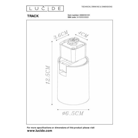 Lucide TRACK NIGEL Railspot - 1-fase Railsysteem / Railverlichting - 1xGU10 - Wit (Uitbreiding) afbeelding2 - 1