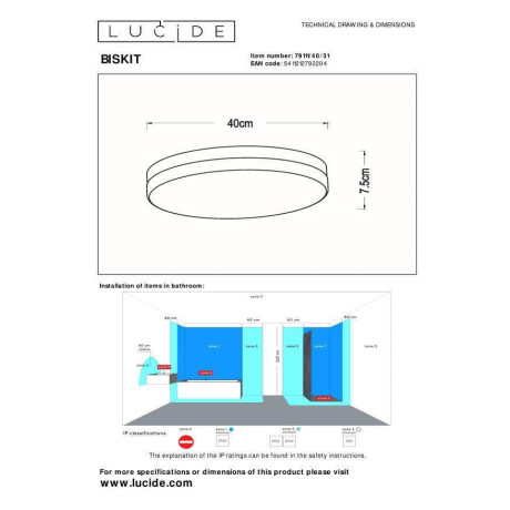 Lucide BISKIT - Plafonnière Badkamer - Ø 40 cm - LED - 1x36W 2700K - IP44 - Beweging & dag/nacht sensor - Wit afbeelding2 - 1