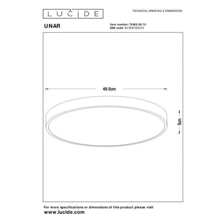 Lucide UNAR - Plafonnière - Ø 49,5 cm - LED Dimb. - 1x36W 2700K - 3 StepDim - Wit afbeelding2 - 1