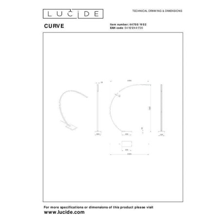 Lucide CURVE - Booglamp - LED Dimb. - 1x15W 2700K - Mat Goud / Messing afbeelding2 - 1