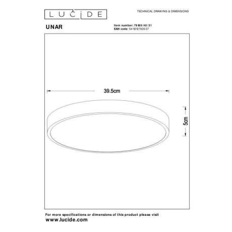 Lucide UNAR - Plafonnière - Ø 39,5 cm - LED Dimb. - 1x24W 2700K - 3 StepDim - Wit afbeelding2 - 1