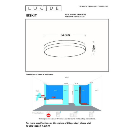 Lucide BISKIT - Plafonnière Badkamer - Ø 34,5 cm - LED - 1x24W 2700K - IP44 - Beweging & dag/nacht sensor - Wit afbeelding2 - 1