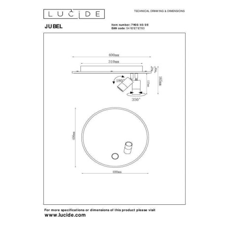 Lucide JUBEL - Plafonnière - Ø 40 cm - LED Dimb. - 2700K - Zwart chroom afbeelding2 - 1