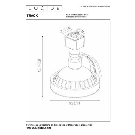 Lucide TRACK DORIAN Railspot - 1-fase Railsysteem / Railverlichting - 1xES111 - Wit (Uitbreiding) afbeelding2 - 1