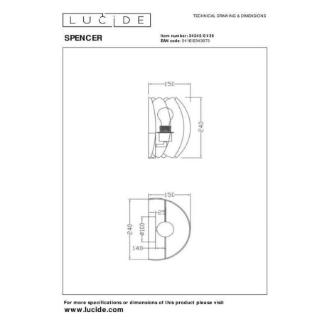 Lucide SPENCER - Wandlamp - 1xE27 - Grijs afbeelding2 - 1