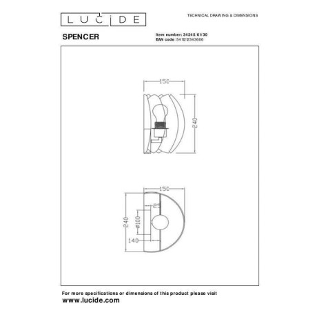 Lucide SPENCER - Wandlamp - 1xE27 - Zwart afbeelding2 - 1