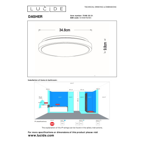 Lucide DASHER - Plafonnière Badkamer - Ø 34,8 cm - LED - 1x18W 2700K - IP44 - Beweging & dag/nacht sensor - Wit afbeelding2 - 1