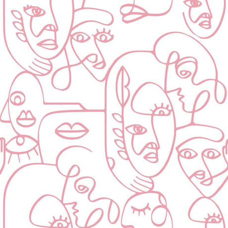 Noordwand Behang Friends & Coffee Line Art Faces wit en roze afbeelding2 - 1