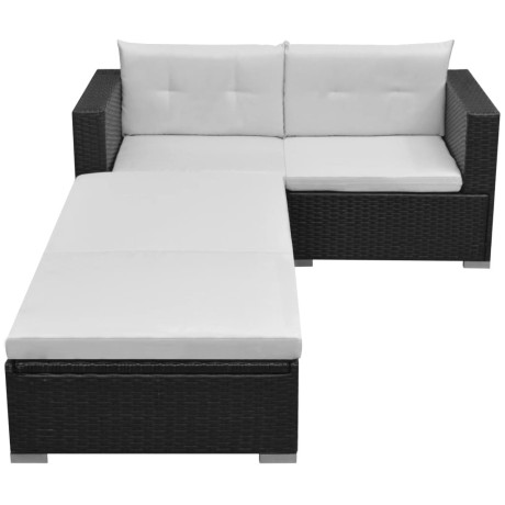 vidaXL 3-delige Loungeset met kussens poly rattan zwart afbeelding2 - 1