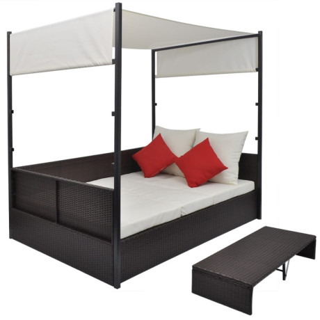 vidaXL Tuinbed met luifel 190x130 cm poly rattan bruin afbeelding2 - 1