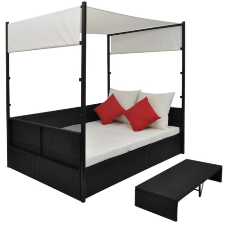 vidaXL Tuinbed met luifel 190x130 cm poly rattan zwart afbeelding2 - 1